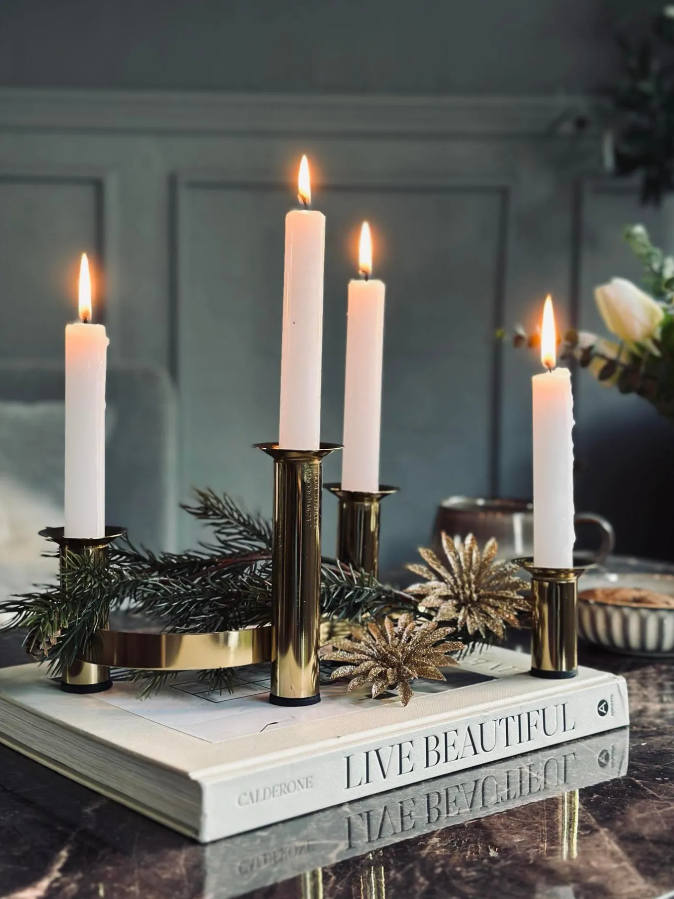 VIAMAJA Duge Og Mundservietter|Jul<Deco blomster med glimmer - 4 stk