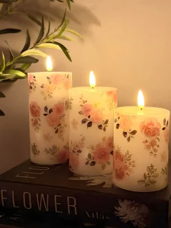 VIAMAJA Lys Og Led|Led Bloklys<LED bloklys Roser – Sæt m. 3 stk og fjernbetjening